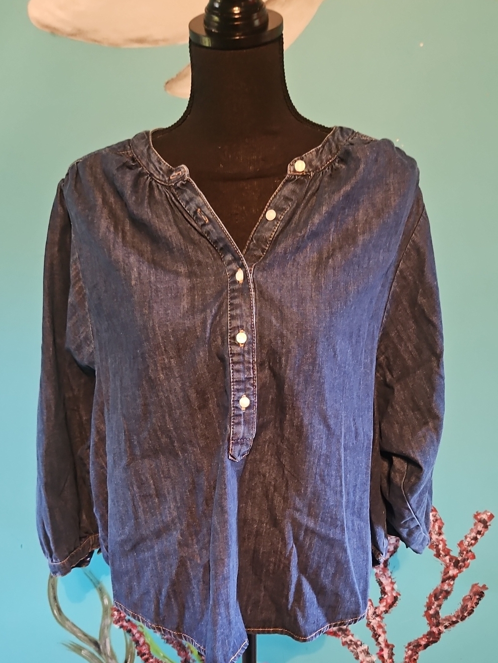 Denim Button Henley Top - Blue